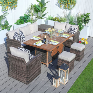 7-Piece Patio Wicker Sofa Set with Firepit & Ice Container Table, Brown
