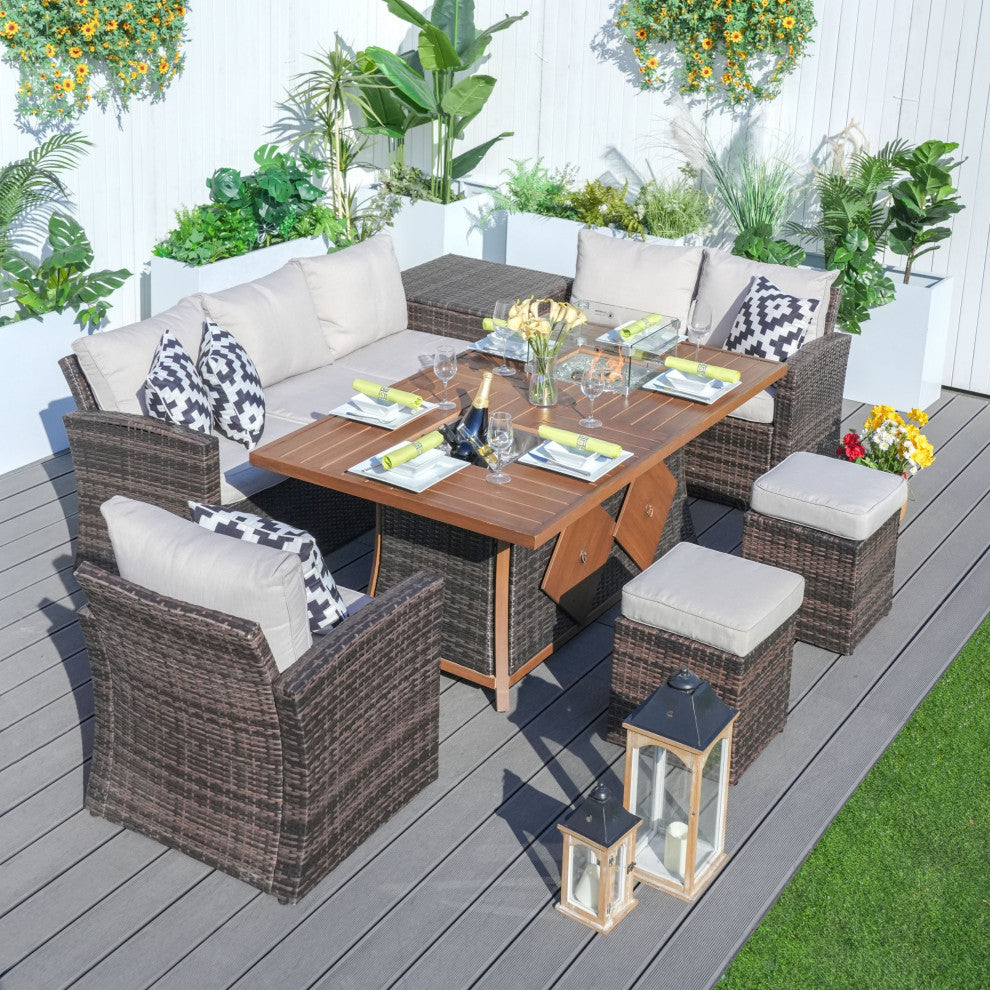 7-Piece Patio Wicker Sofa Set with Firepit & Ice Container Table, Brown