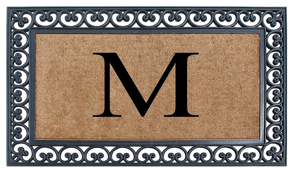 A1HC Black Rubber and Coir Paisley Border Monogrammed Double Doormat, 30"X48", M