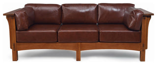 Mission Crofter Style Sofa Solid Quarter Sawn White Oak and Leather Cushions, Chestnut Leather