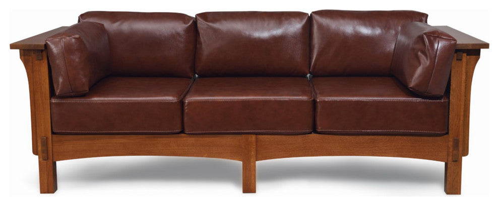 Mission Crofter Style Sofa Solid Quarter Sawn White Oak and Leather Cushions, Chestnut Leather