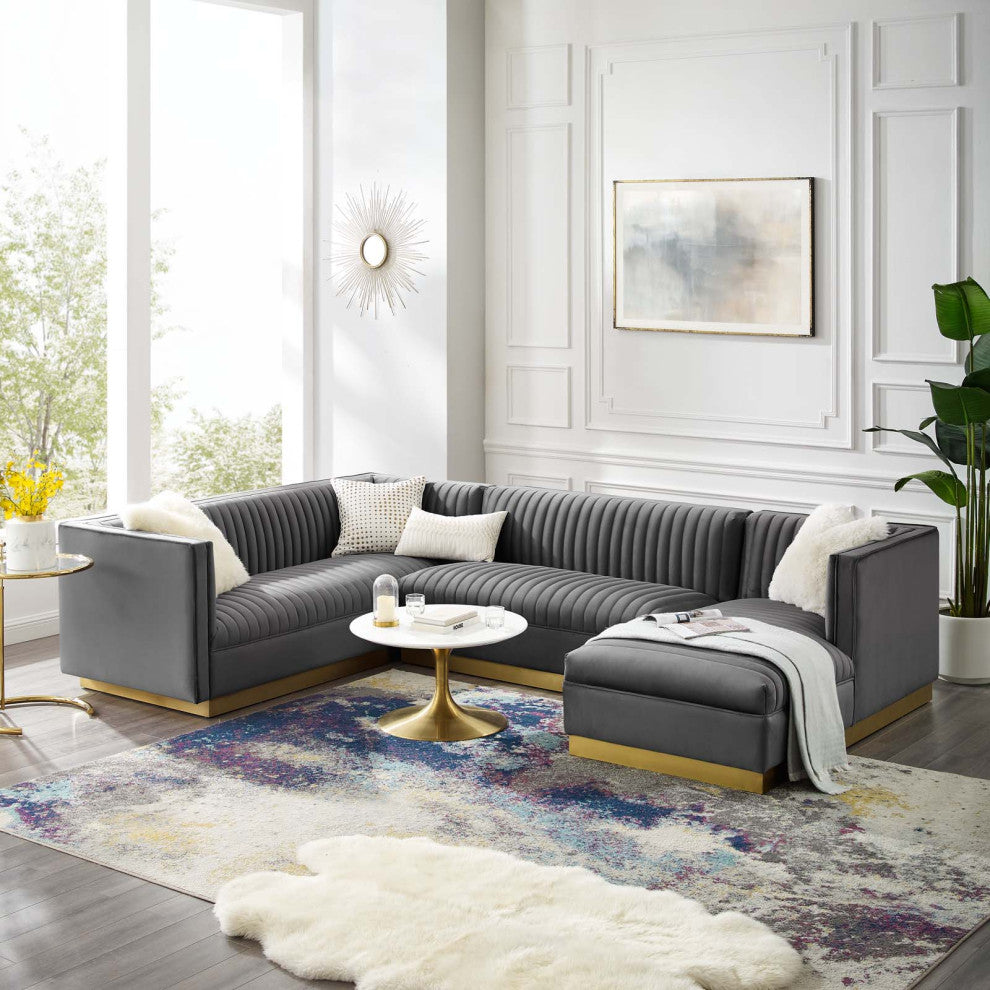 Sectional Sofa Set, Velvet, Gray, Modern, Living Lounge Hotel Hospitality