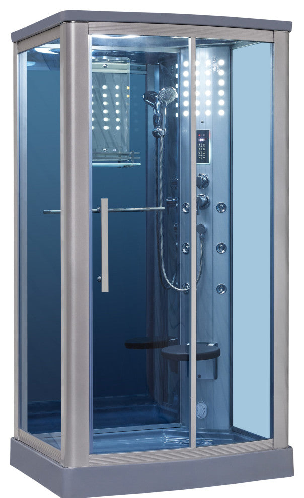 Rectangular Walk In Steam Shower, Blue Glass, 45"