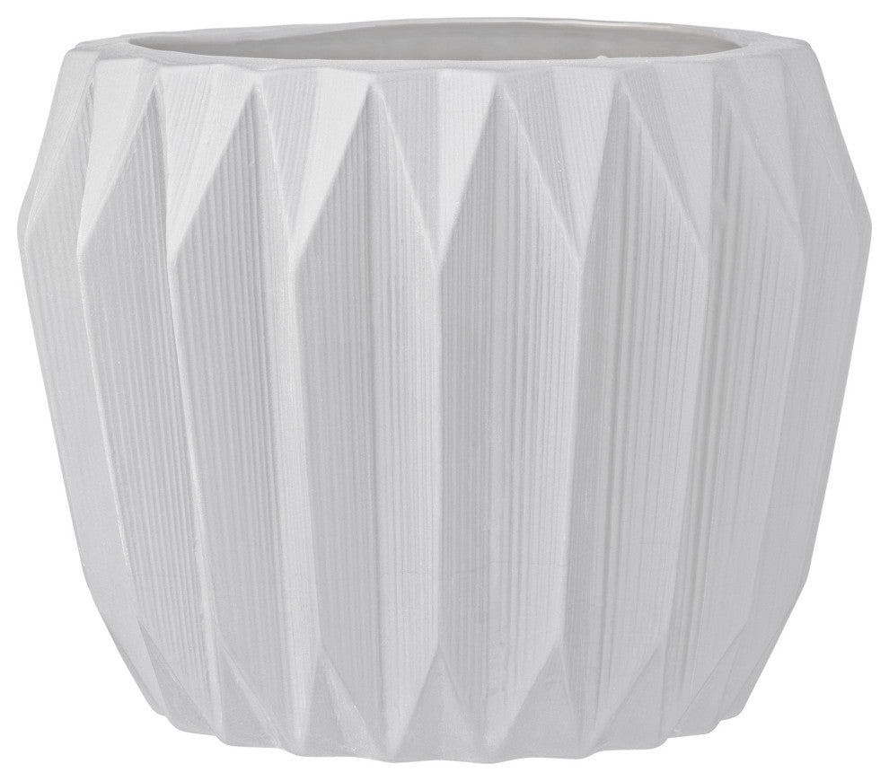 Round Gray Fluted Ceramic Flower Pot, White