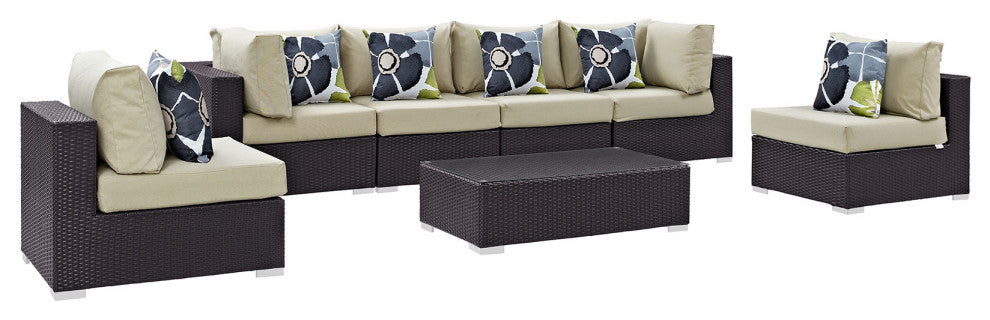 Modway Convene 7 Piece Outdoor Patio Sectional Set, Espresso Beige