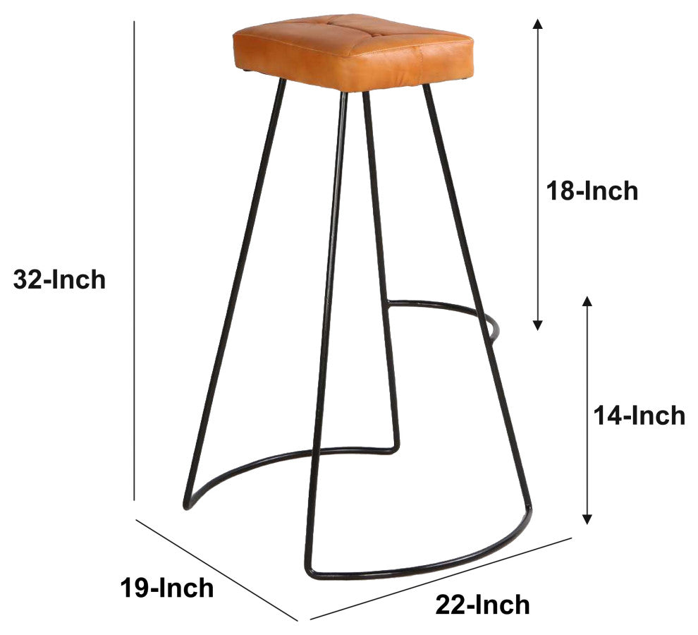 Benzara UPT-266370 Bar Stool, Leather Seat, Metal Frame, Tan Brown, Black