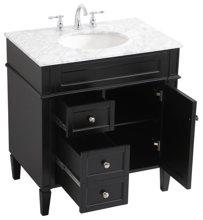 Home Living Vanity with Carrara White Marble Countertop, Black, 32", Single Sink