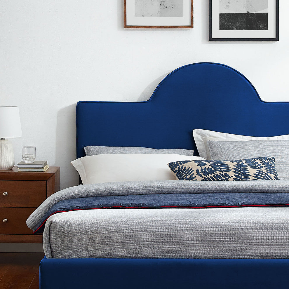 Platform Bed Frame, King Size, Blue Navy, Velvet, Modern, Bedroom Guest Suite
