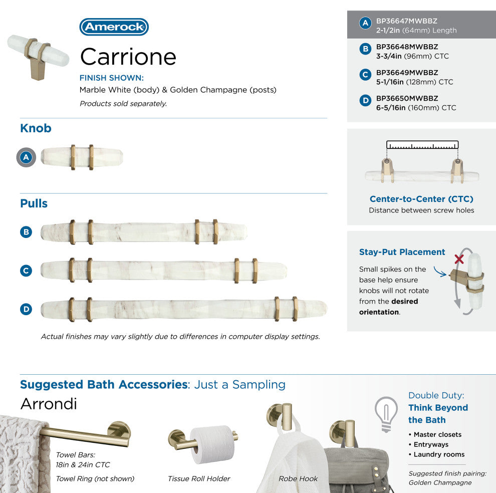 Carrione 2-1/2" Length Cabinet Knob, Marble White/Golden Champagneï¿½