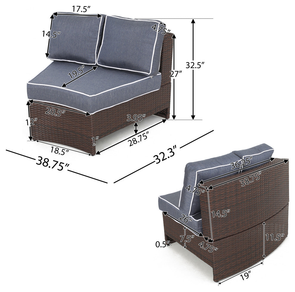 Mia Outdoor 4-Seater Wicker Curved Sectional Set With Wedge Tables, Navy, Ice Bucket Ottoman