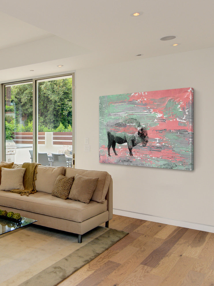 "Green Paint Buffalo" Painting Print on Wrapped Canvas, 24"x16"