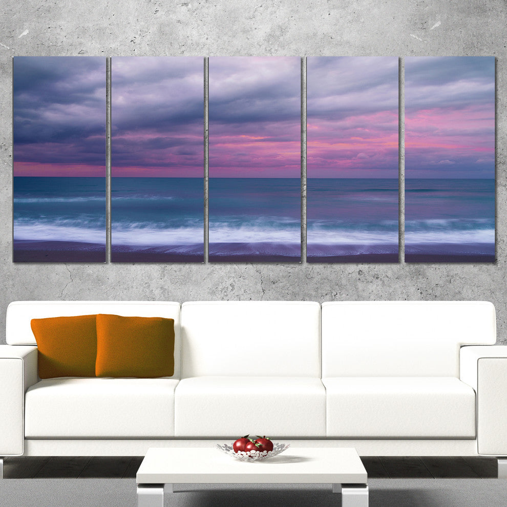 Blue and Pink Unset over Sea, Seashore Canvas Art Print, 60"x28", 5 Panels