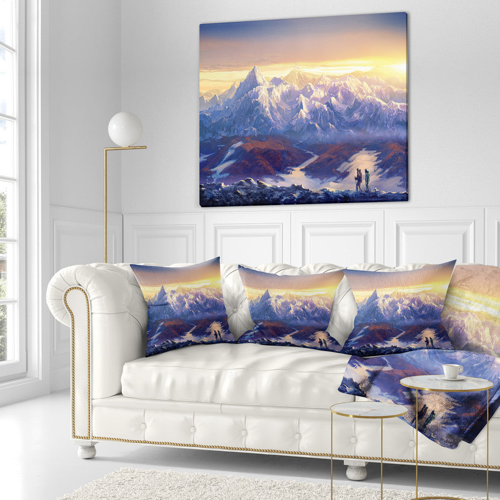 Winter Mountains With Tourists Landscape Printed Throw Pillow, 16"x16"