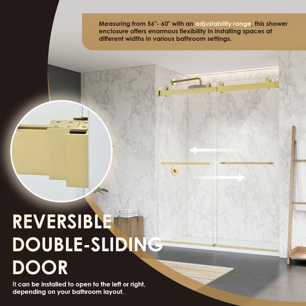 Frameless Exposed Roller Shower Door, Brushed Gold, 60" W X 76" H