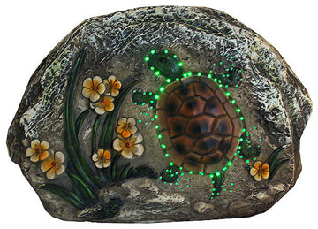 7" LED Lighted Solar Powered Turtle and Flowers Outdoor Garden Stone