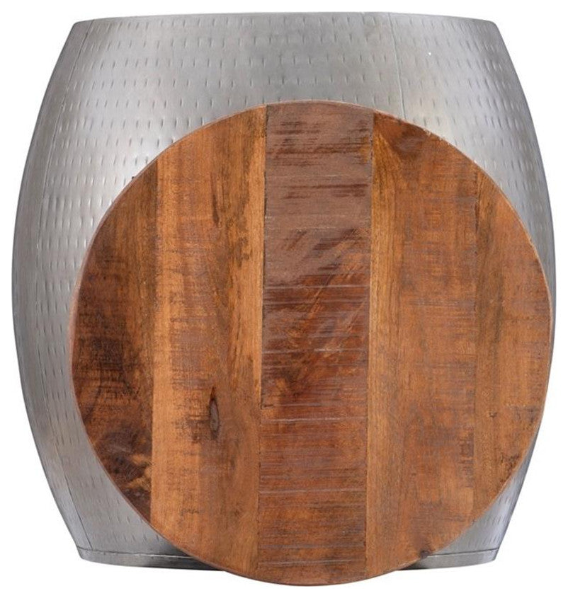 Linon Reid Metal and Wood Drum Side Table with Storage in Silver