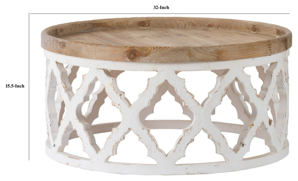 Benzara BM285117 32" Coffee Table, Round, Quatrefoil Lattice Design, Brown