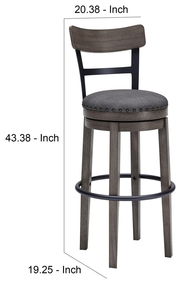 Benzara BM248094 Swivel Barstool With Nailhead Trim and Curved Panel Back, Gray