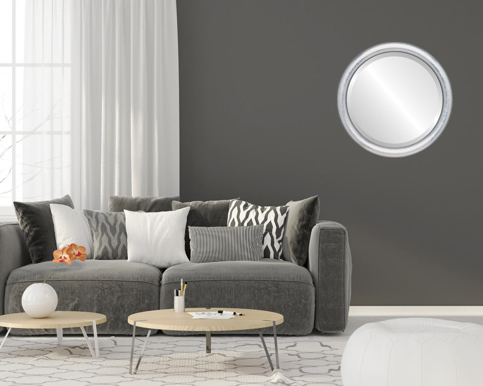 Pasadena Framed Round Mirror, Silver Leaf With Brown Antique, 19"x19"