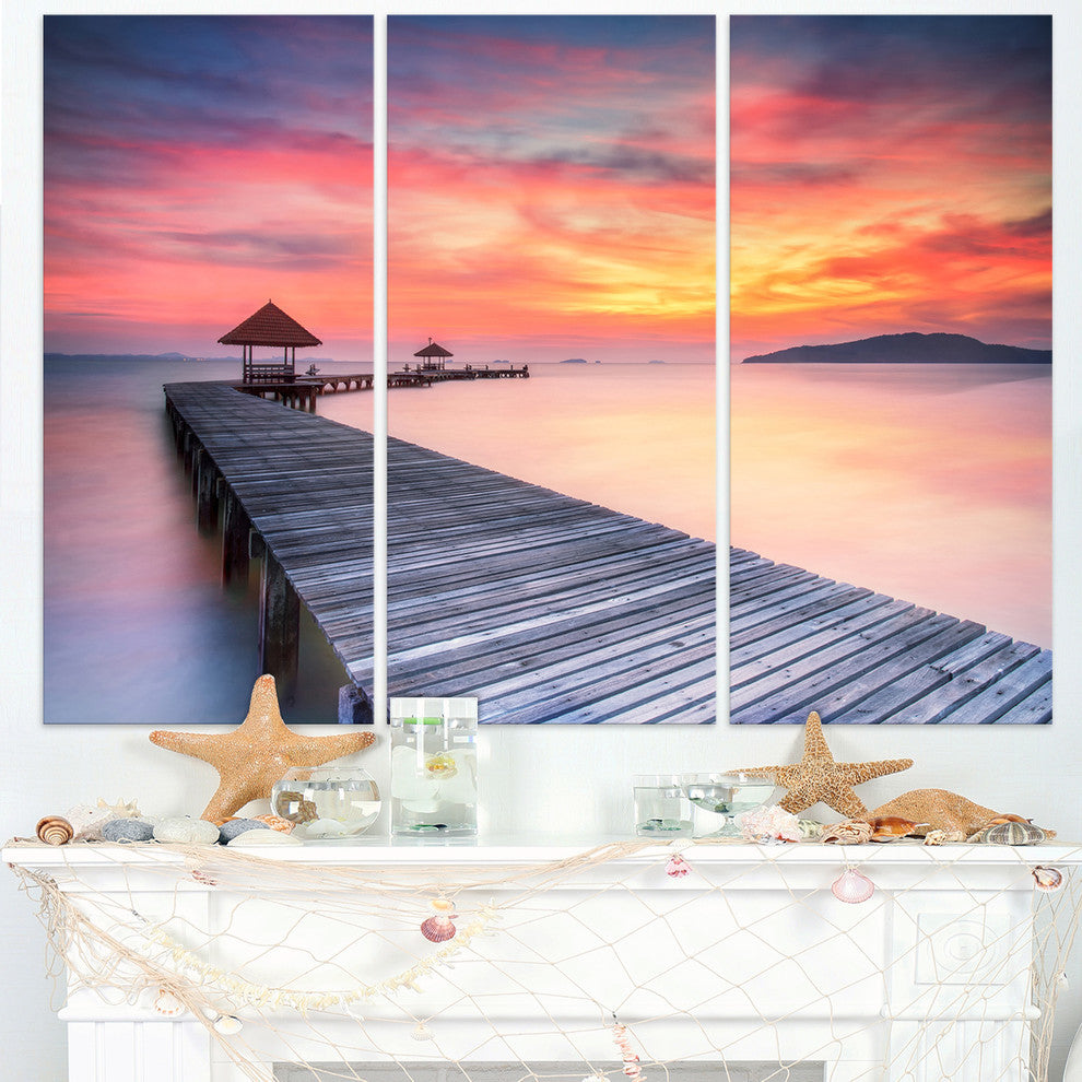 "Stylish Wooden Bridge and Beach Sky" Sea Pier Metal Wall Art, 3 Panels, 36"x28"