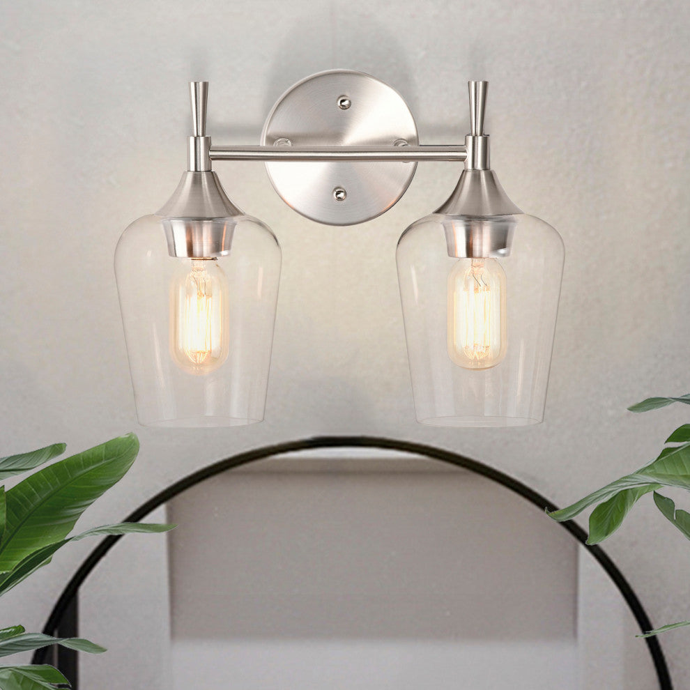 13 in. 2-Light Brushed Nickel Vanity Light With Clear Wine Glass Shades