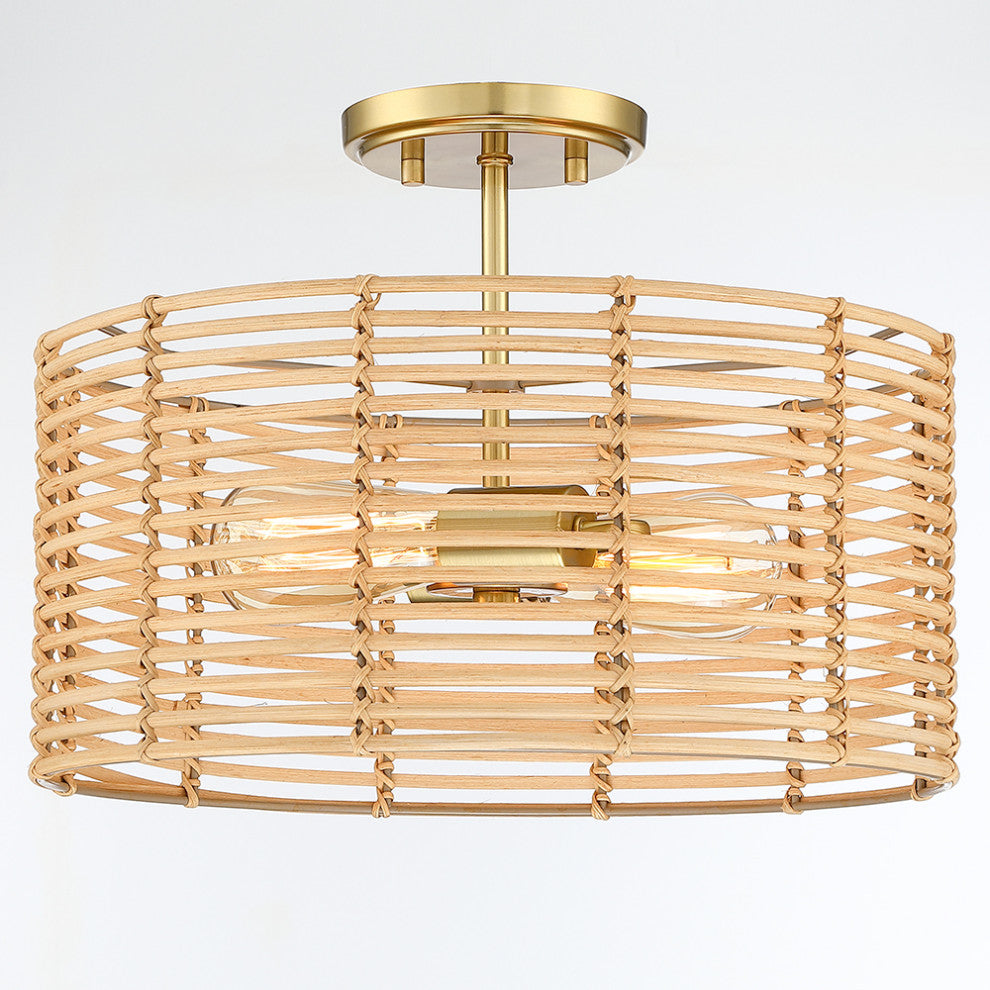15.4"W 2-Light Bohemian Rattan Semi-Flush Mount Ceiling Light