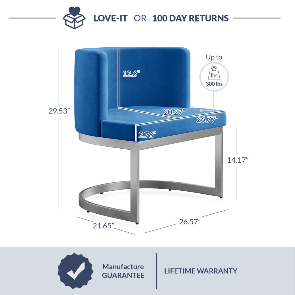 Velvet Dining Chair w/ Chrome Stainless Steel Base - Blue