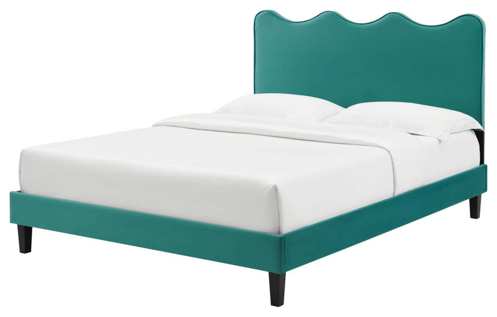 Platform Bed Frame, King Size, Teal Blue, Velvet, Modern, Bedroom Guest Suite
