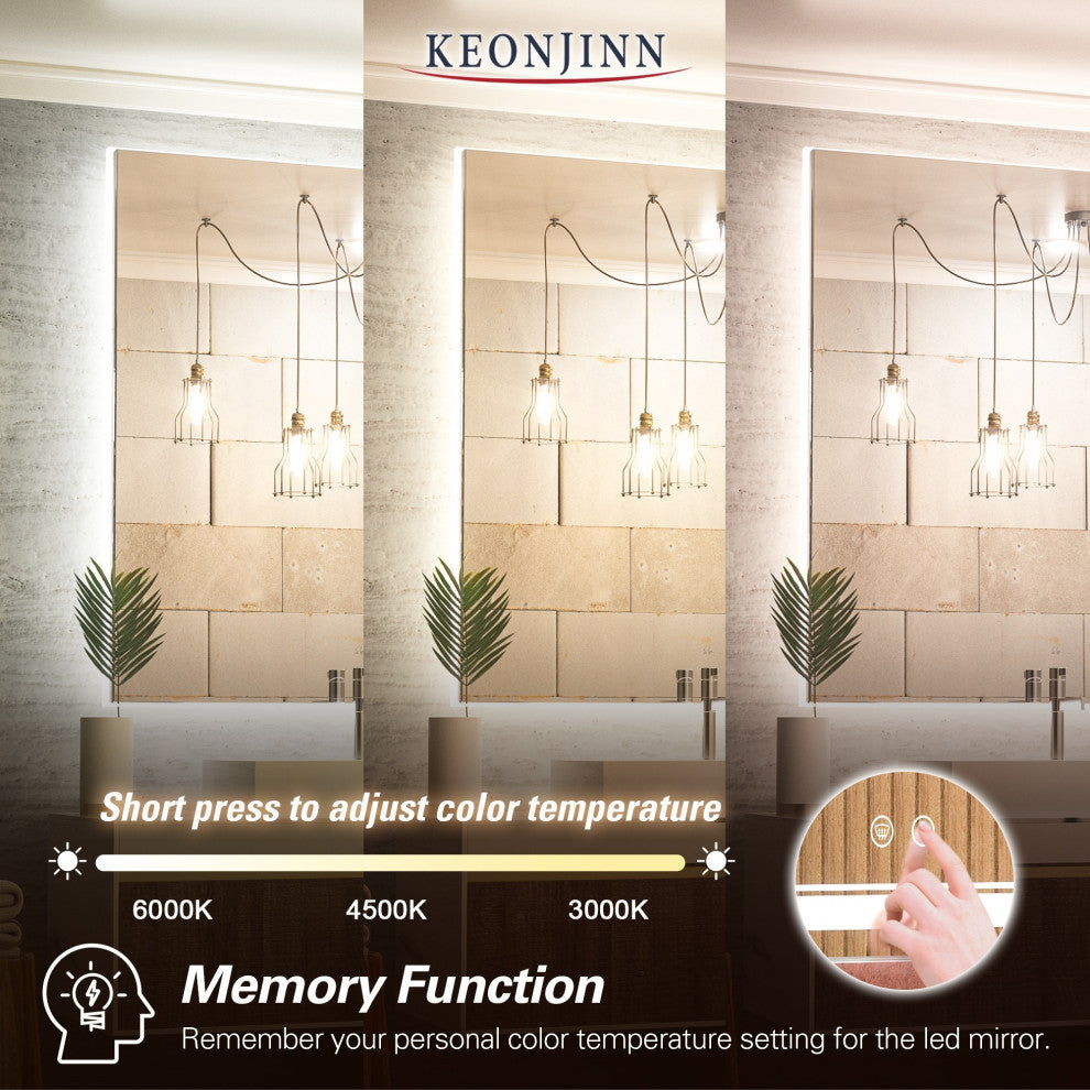 Backlit 3-Color LED Mirror for Bathroom, Anti-Fog Dimmable, 55x36
