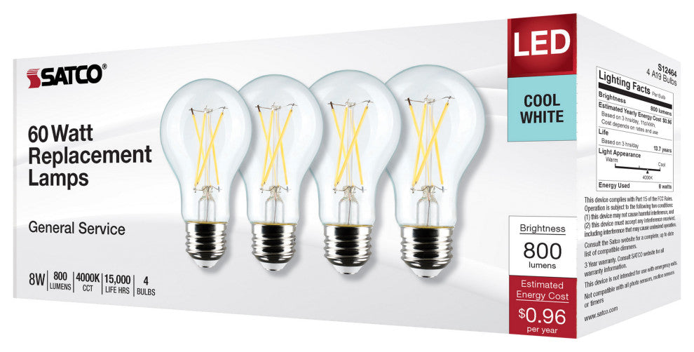 8W A19 LED, Clear, 4000K, Medium Base, 120V, 4-Pack