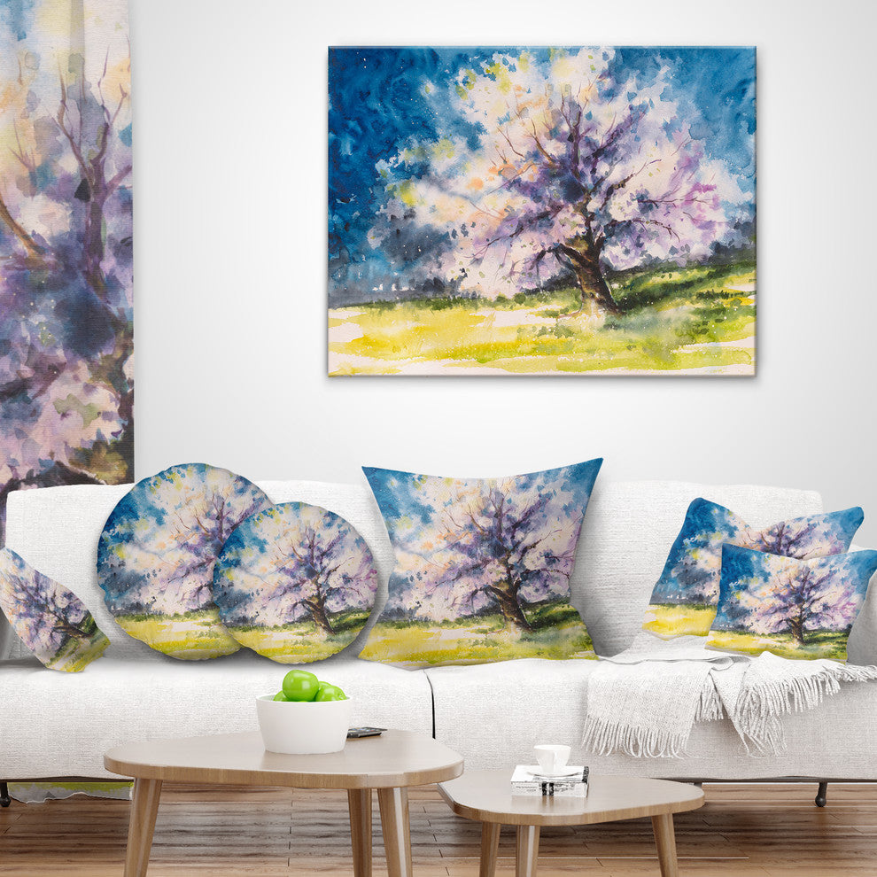 Blooming Cherry Tree Blue Watercolor Floral Throw Pillow, 16"x16"