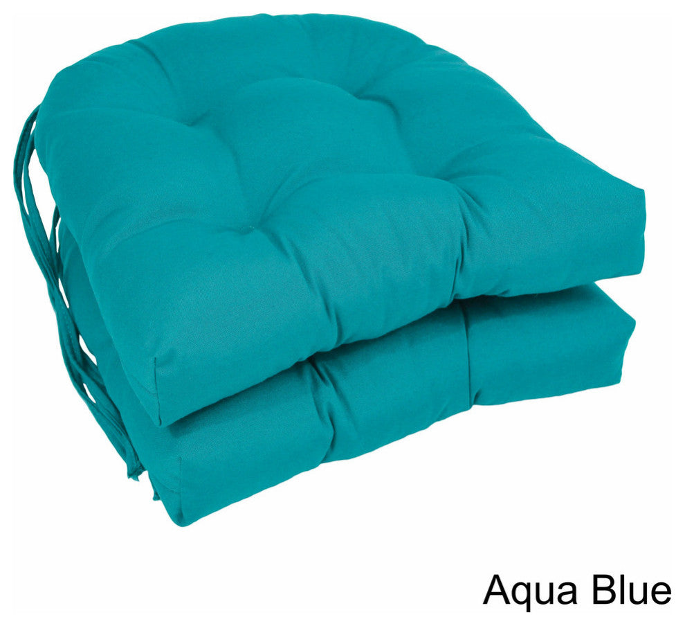 16" Solid Twill U-shaped Tufted Chair Cushions, Set of 2, Aqua Blue