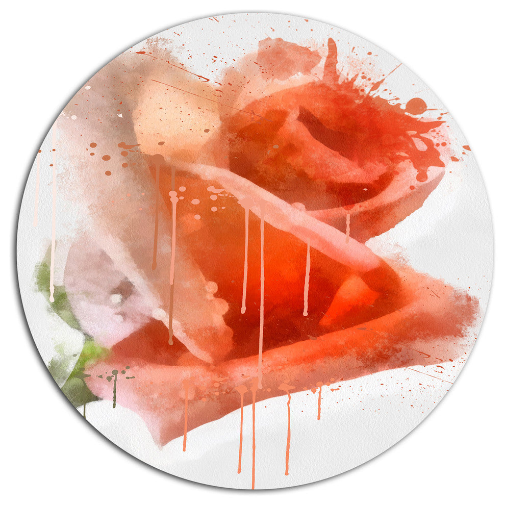 Red Rose Painting With Splashes, Floral Disc Metal Artwork, 23"