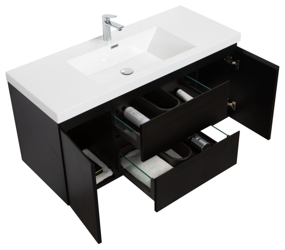 Aurora Wall Mount Vanity, White Acrylic Top, Matte Midnight Black, 48"