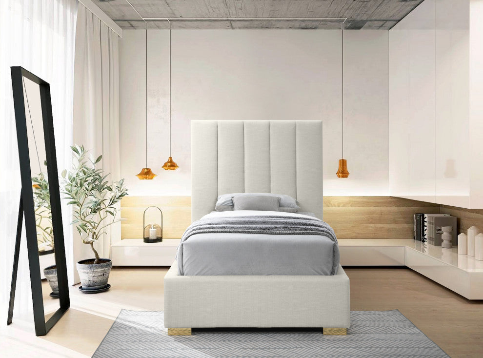 Pierce Linen Textured Fabric Upholstered Bed, Beige, Twin