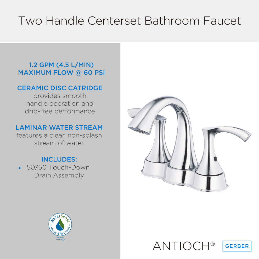 Antioch Two Handle Centerset Lavatory Faucet w/ 50/50 Touch Down Drain Chrome