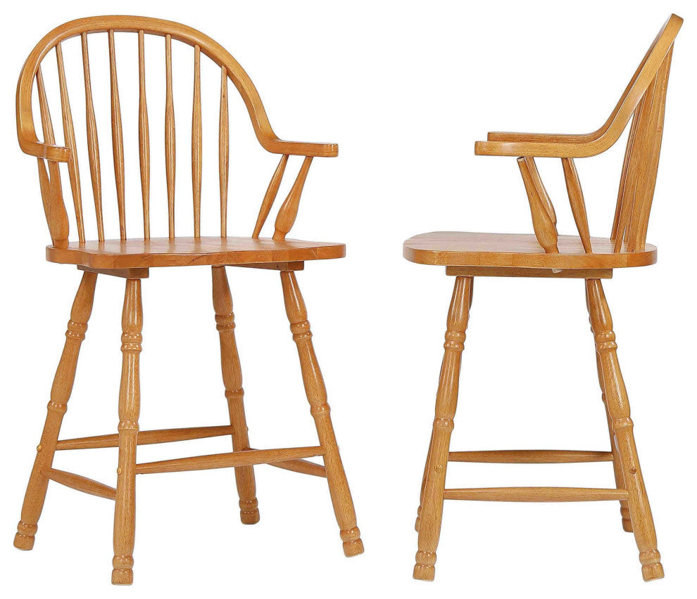 Oak Selections 24" Windsor Barstool With Arms, Light Oak, Set of 2