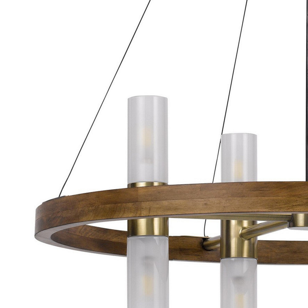 Benzara BM282184 Chandelier, Round Outer Frame, 4 Frosted Glass Shades, Brass