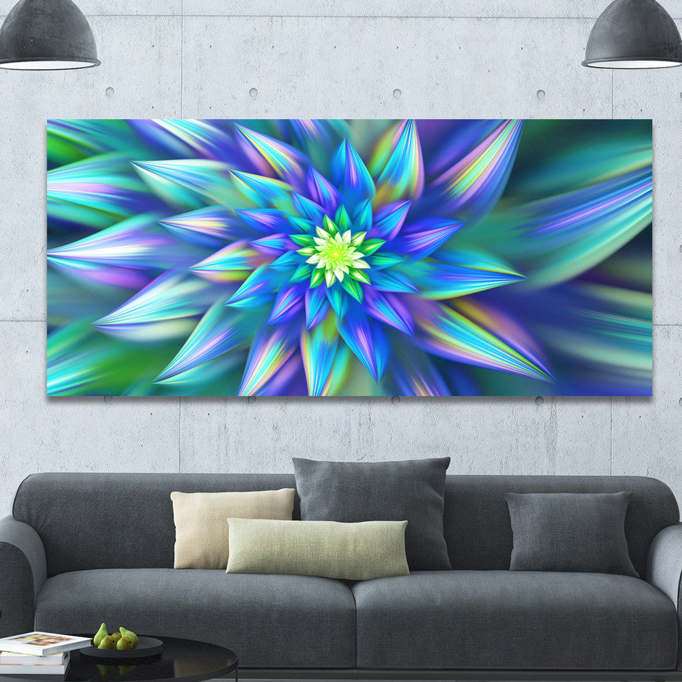 Huge Light Blue Fractal Flower, Large Floral Canvas Art Print, 60"x28"