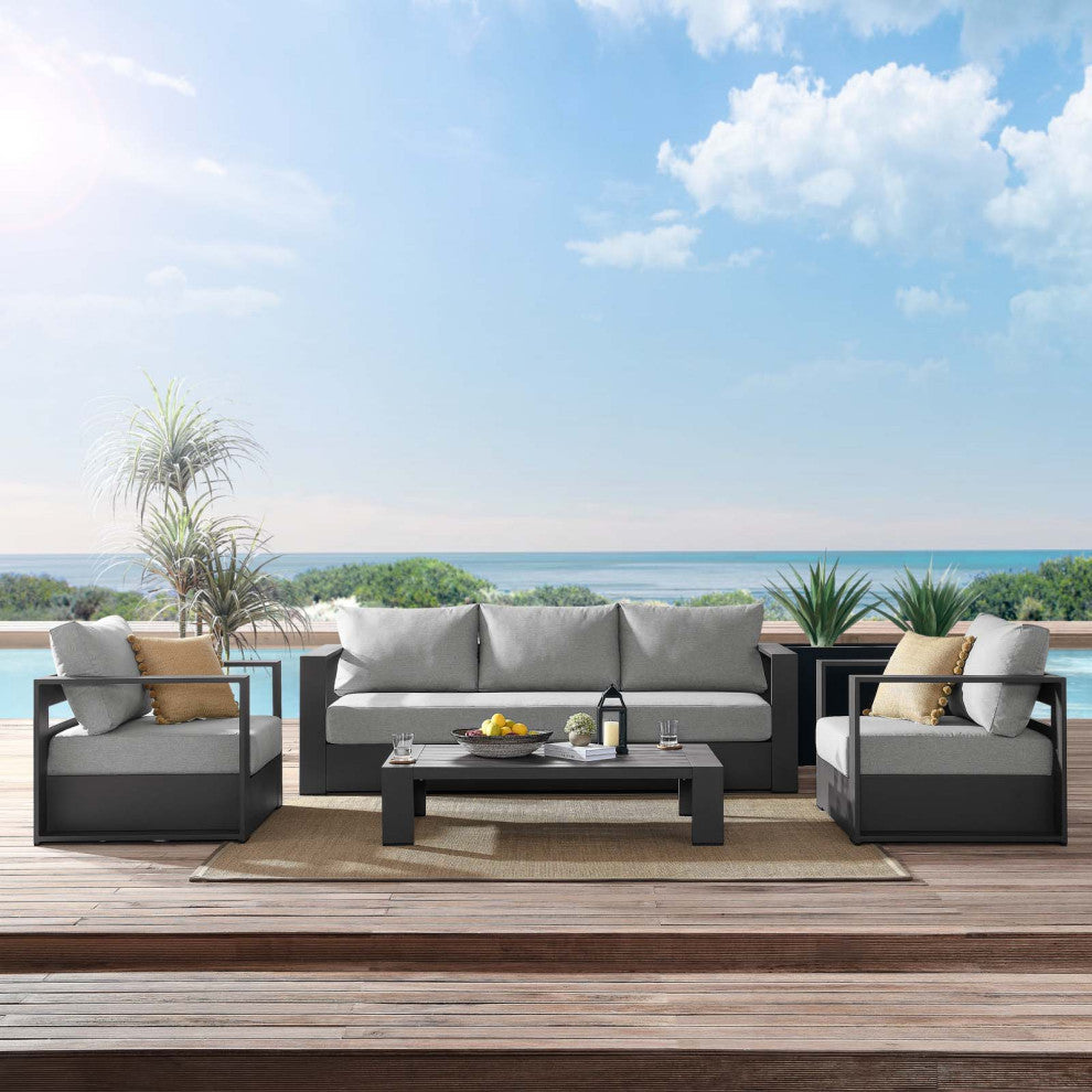 Lounge Sectional Sofa Chair Table Set, Gray, Aluminum, Modern, Outdoor