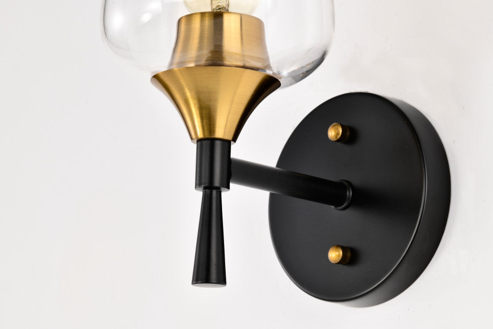 5 in. 1-Light Black and Antique Brass Indoor Wall Sconce With Clear Glass Shade