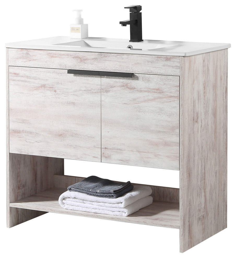Phoenix Bath Vanity With Ceramic Sink - Full Assembly Required, Rustic White, 36 Inch
