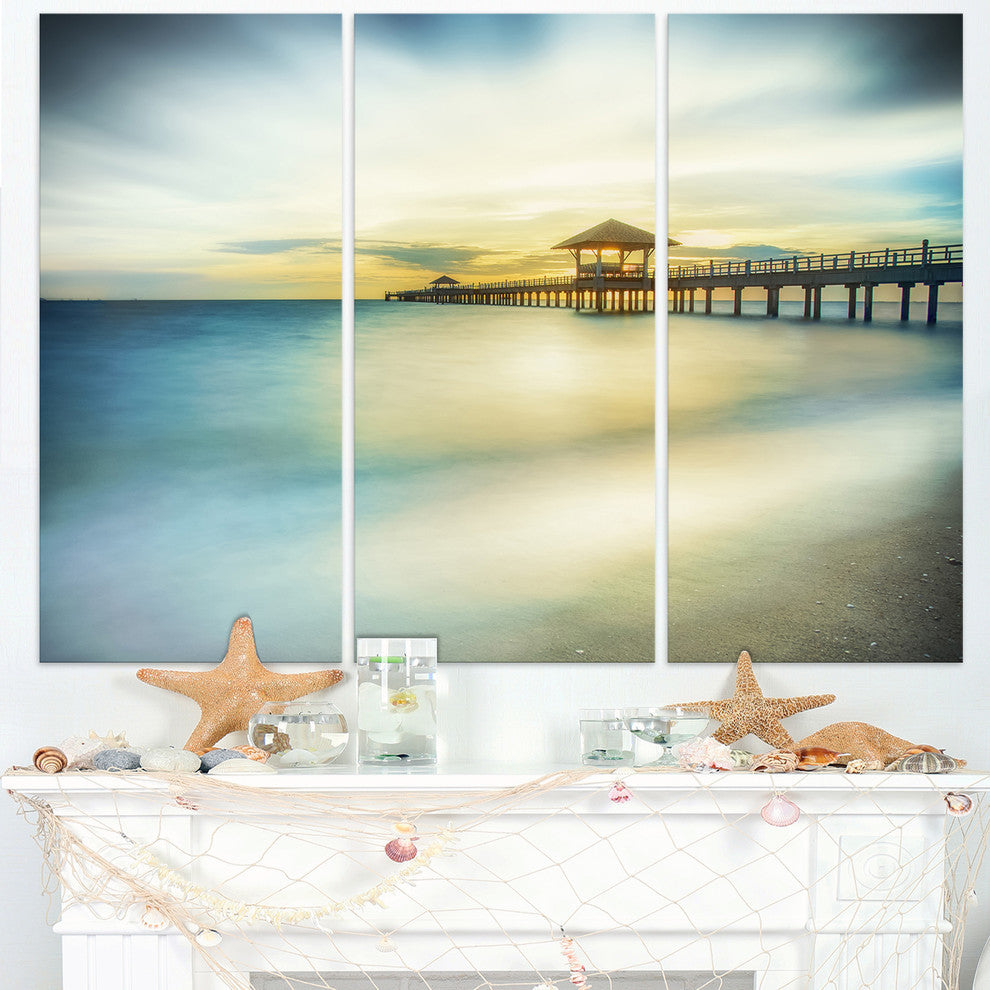 "Blue Tinged Seashore With Distant Pier" Metal Wall Art, 3 Panels, 36"x28"