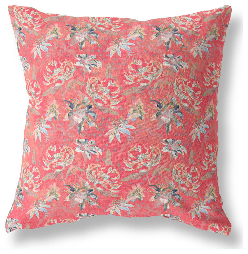 16" Salmon Red Roses Indoor Outdoor Throw Pillow