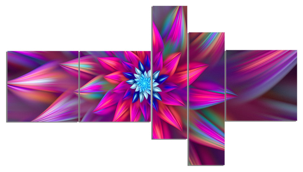 Huge Purple Pink Fractal Flower, Floral Canvas Art Print, 60"x32", 5 panels