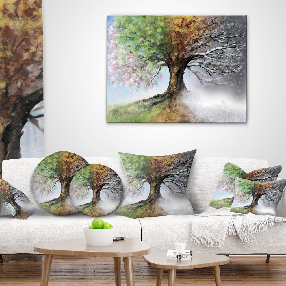 Tree with Four Seasons Tree Painting Throw Pillow, 18"x18"