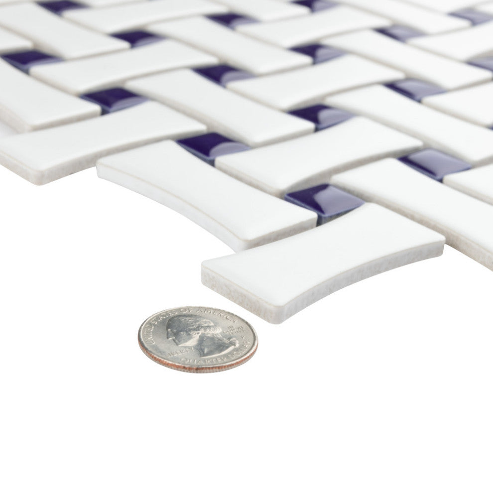 Metro Dog Bone Basketweave White w/Cobalt Dot Porcelain Floor and Wall Tile