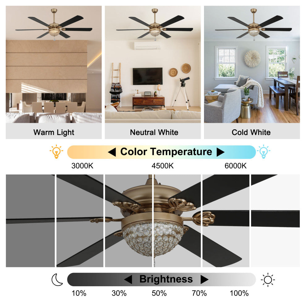 65" Modern Crystal Ceiling Fan with Dimmable LED Light and Remote, Black