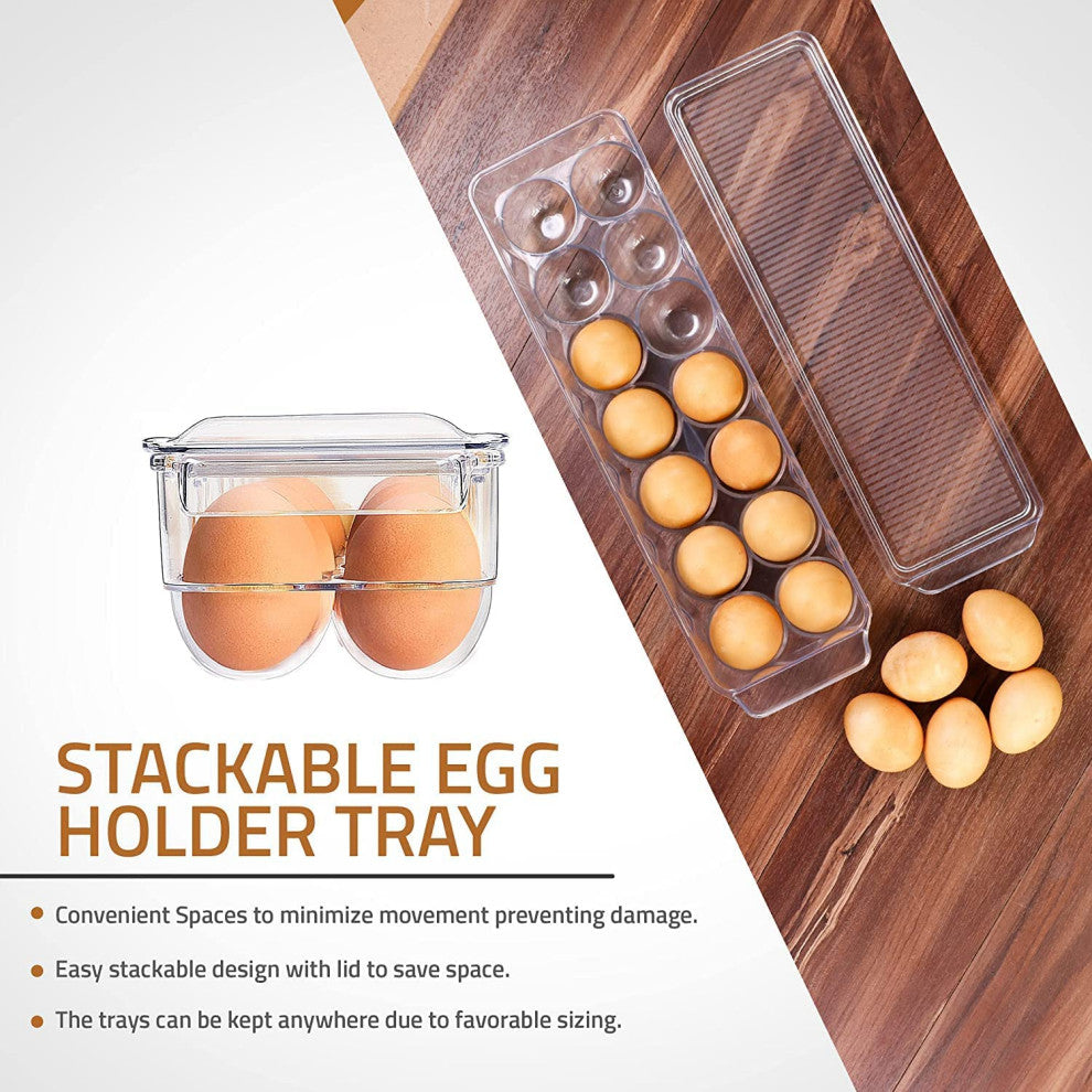 14 Egg Container For Refrigerator - With Lid & Handle (Clear, Pack of 2)