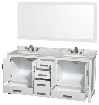 Sheffield 72" White DBL Vanity,Carrara Marble Top,3-Hole Square Sinks,70" Mirror